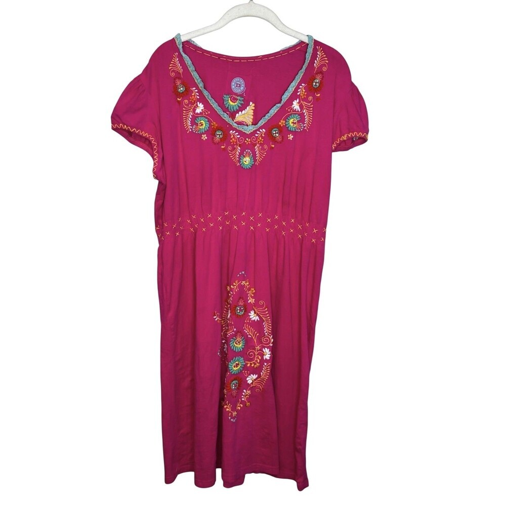 Double D Ranch Dress Womens Large Pink Embroidered Boho V Neck Knee Length
